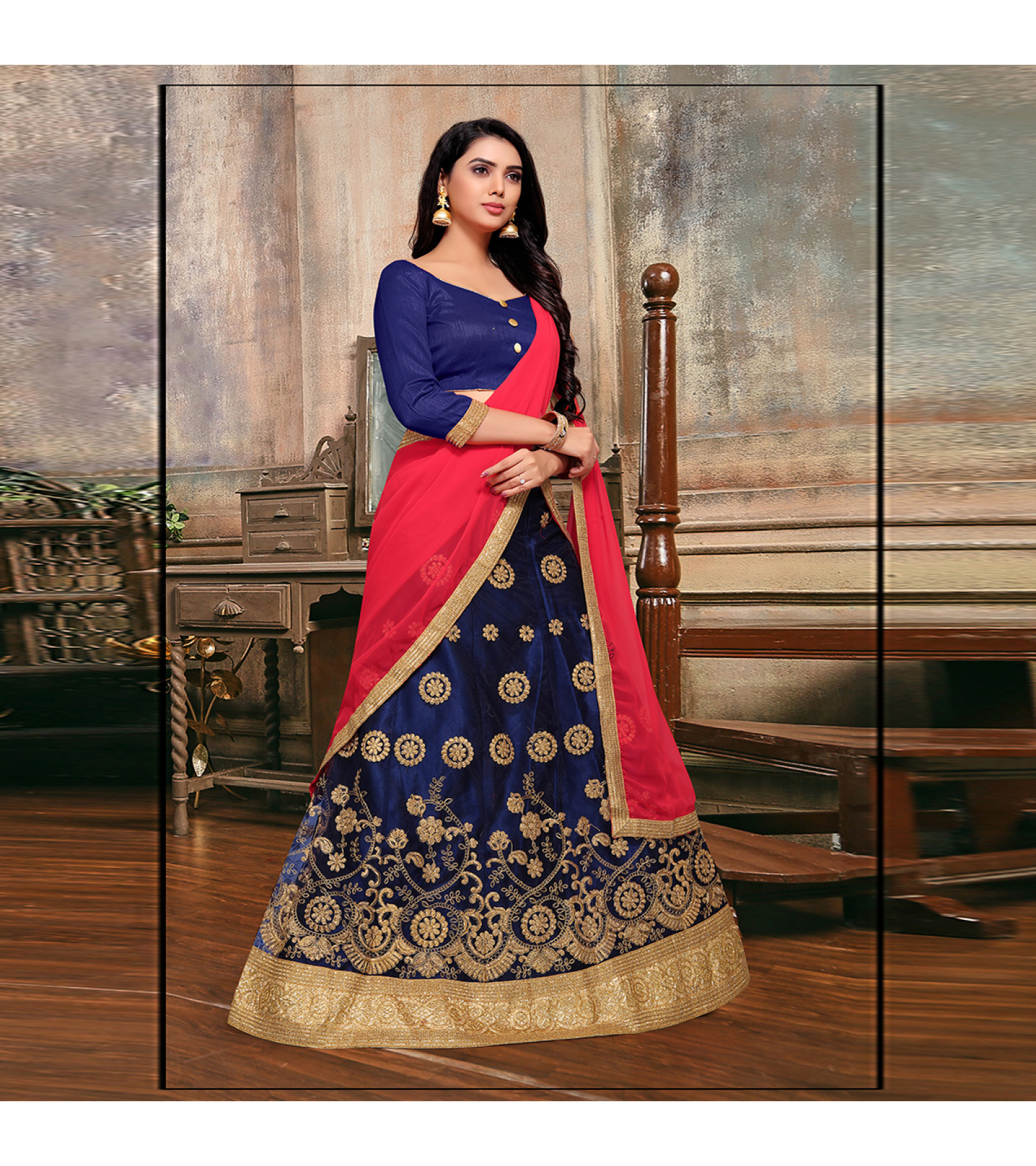 Traditional mid night blue coloured soft lehanga with thread work